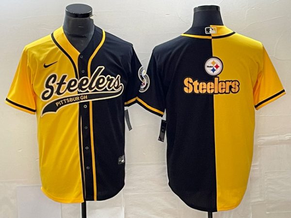 Men Pittsburgh Steelers Yellow Black Split Team Big Logo Cool Base Stitched Baseball Jersey