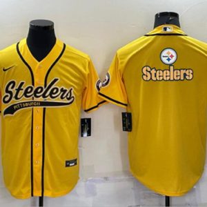 Men Pittsburgh Steelers Yellow Team Big Logo With Patch Cool Base Stitched Baseball Jersey