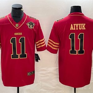 Men San Francisco 49ers #11 Brandon Aiyuk Red Gold With 75th Anniversary Patch Stitched Jersey