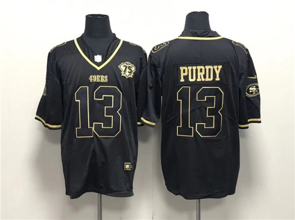 Men San Francisco 49ers #13 Brock Purdy Black Gold With 75th Anniversary Patch Stitched Jersey