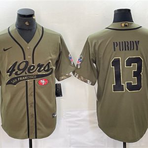 Men San Francisco 49ers #13 Brock Purdy Olive Salute to Service With Patch Cool Base Stitched Baseball Jersey