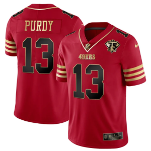 Men San Francisco 49ers #13 Brock Purdy Red Gold With 75th Patch Cool Base Stitched Jersey