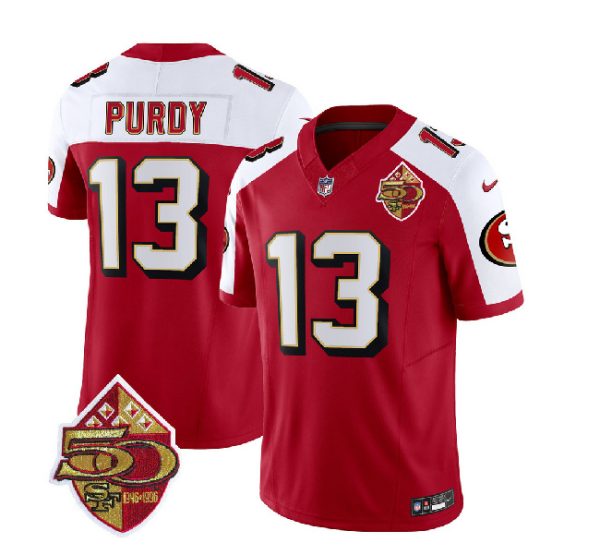 Men San Francisco 49ers #13 Brock Purdy Red/White 2023 F.U.S.E. 50th Patch Throwback Football Stitched Jersey