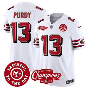 Men San Francisco 49ers #13 Brock Purdy White 2023 F.U.S.E. Faithful To The Bay And NFC West Champions Patch Football Stitched Jersey