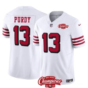 Men San Francisco 49ers #13 Brock Purdy White 2023 F.U.S.E. NFC West Champions Patch Alternate Football Stitched Jersey