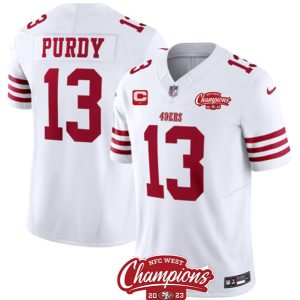 Men San Francisco 49ers #13 Brock Purdy White 2023 F.U.S.E. With 1-star C Ptach And NFC West Champions Patch Football Stitched Jersey