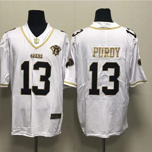 Men San Francisco 49ers #13 Brock Purdy White Gold With 75th Anniversary Patch Stitched Jersey