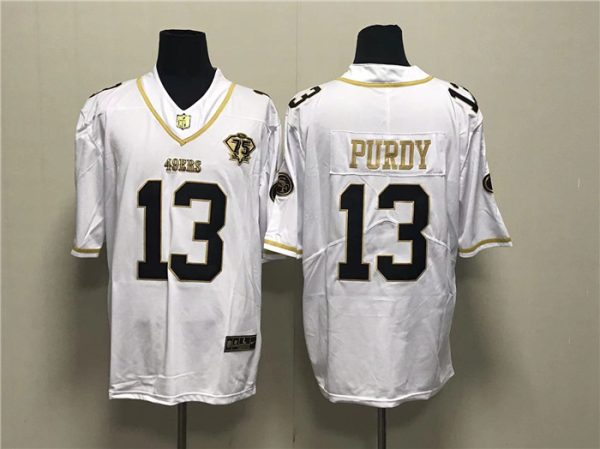 Men San Francisco 49ers #13 Brock Purdy White Gold With 75th Anniversary Patch Stitched Jersey