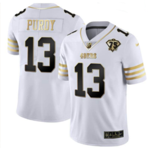 Men San Francisco 49ers #13 Brock Purdy White Gold With 75th Patch Stitched Jersey