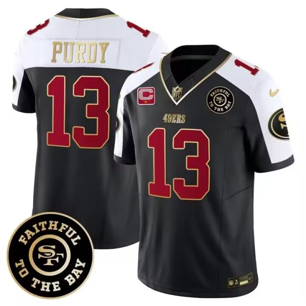 Men San Francisco 49ers #13 Brock Purdy White balck 2023 F.U.S.E. With 1-Star C Patch and Faithful To The Bay Patch Football Stitched Game Jersey