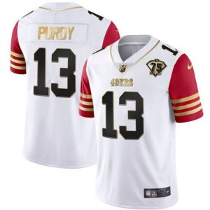 Men San Francisco 49ers #13 Brock Purdy White/Red With 75th Anniversary Patch Stitched Jersey