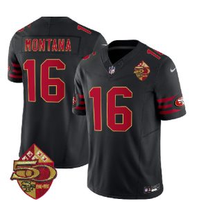 Men San Francisco 49ers #16 Joe Montana Black 2023 F.U.S.E. 50th Patch Throwback Football Stitched Jersey