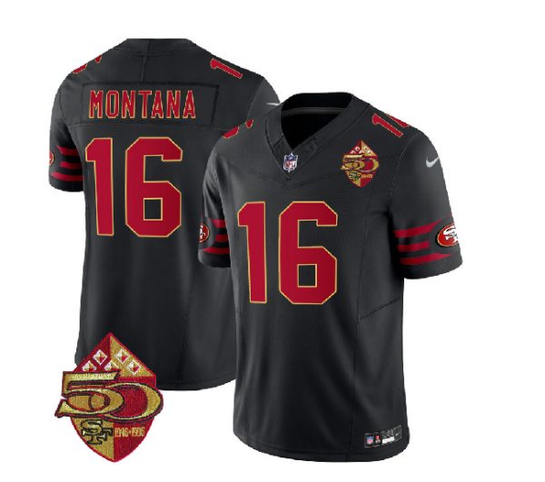 Men San Francisco 49ers #16 Joe Montana Black 2023 F.U.S.E. 50th Patch Throwback Football Stitched Jersey