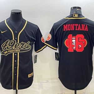 Men San Francisco 49ers #16 Joe Montana Black Gold Team Big Logo With Patch Cool Base Stitched Baseball Jersey