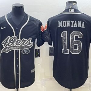 Men San Francisco 49ers #16 Joe Montana Black Reflective With Patch Cool Base Stitched Baseball Jersey