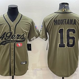 Men San Francisco 49ers #16 Joe Montana Olive 2022 Salute to Service Cool Base Stitched Baseball Jersey