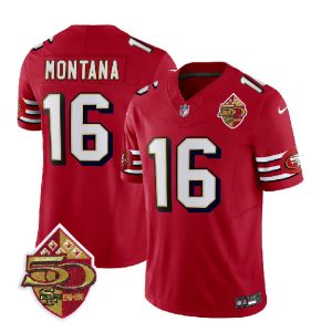 Men San Francisco 49ers #16 Joe Montana Red 2023 F.U.S.E. 50th Patch Throwback Football Stitched Jersey