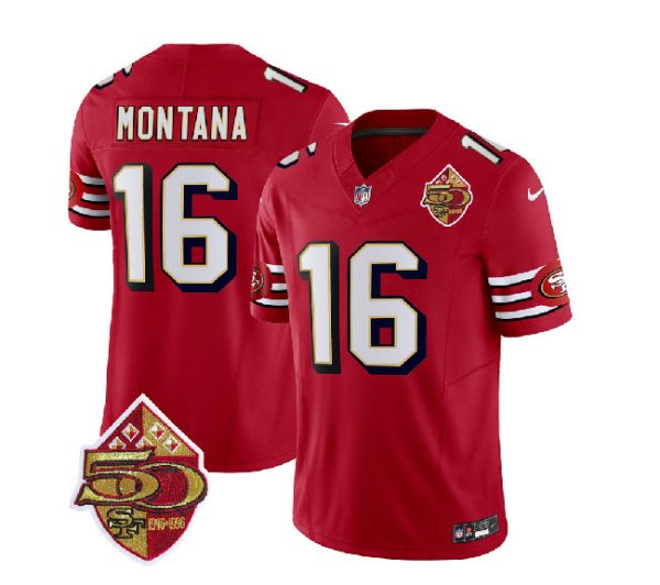 Men San Francisco 49ers #16 Joe Montana Red 2023 F.U.S.E. 50th Patch Throwback Football Stitched Jersey