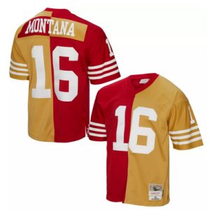 Men San Francisco 49ers #16 Joe Montana Red Gold Split 1990 Throwback Stitched Jersey