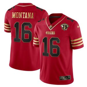 Men San Francisco 49ers #16 Joe Montana Red Gold With 75th Anniversary Patch Football Stitched Jersey