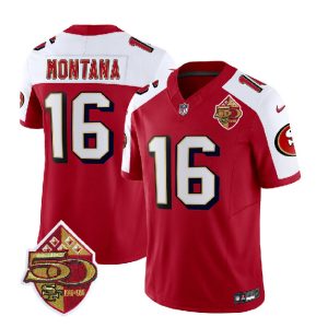 Men San Francisco 49ers #16 Joe Montana Red/White 2023 F.U.S.E. 50th Patch Throwback Football Stitched Jersey