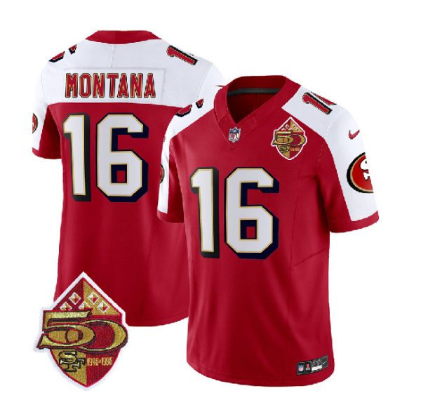 Men San Francisco 49ers #16 Joe Montana Red/White 2023 F.U.S.E. 50th Patch Throwback Football Stitched Jersey