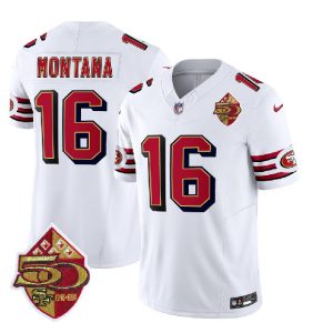 Men San Francisco 49ers #16 Joe Montana White 2023 F.U.S.E. 50th Patch Throwback Football Stitched Jersey