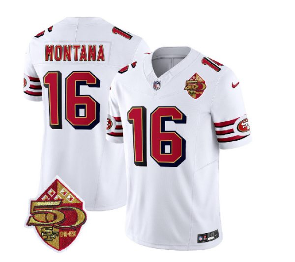 Men San Francisco 49ers #16 Joe Montana White 2023 F.U.S.E. 50th Patch Throwback Football Stitched Jersey