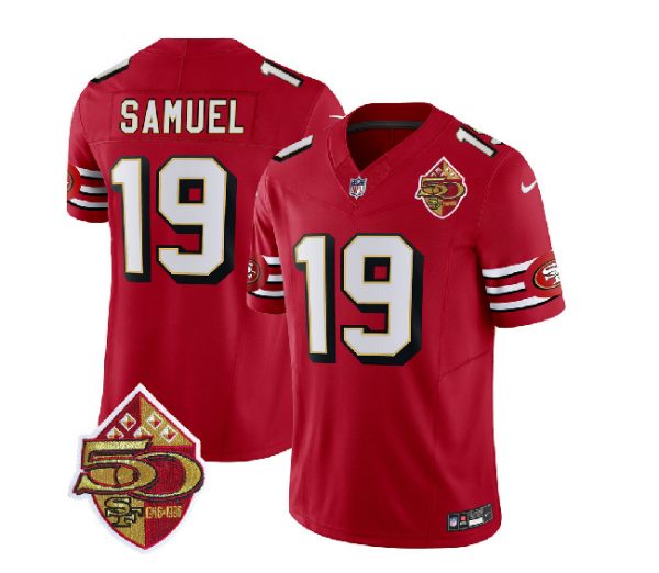 Men San Francisco 49ers #19 Deebo Samuel Red 2023 F.U.S.E. 50th Patch Throwback Football Stitched Jersey