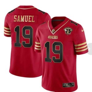 Men San Francisco 49ers #19 Deebo Samuel Red With 75th Anniversary Patch Stitched Football Jersey