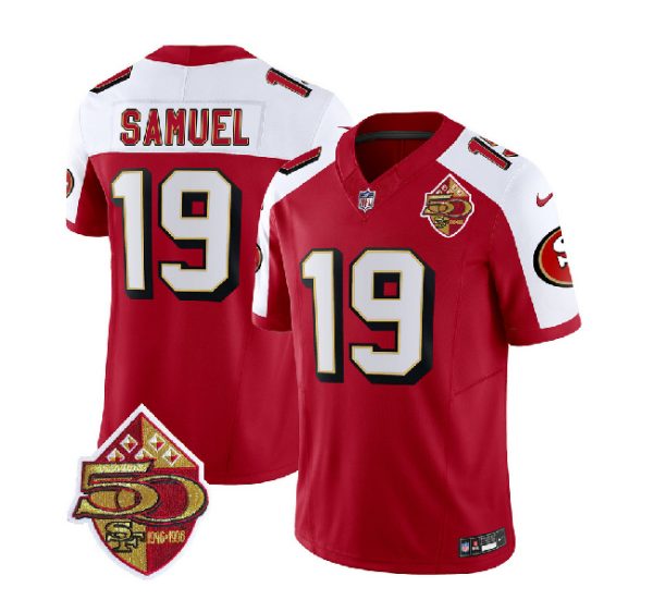 Men San Francisco 49ers #19 Deebo Samuel Red/White 2023 F.U.S.E. 50th Patch Throwback Football Stitched Jersey