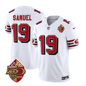 Men San Francisco 49ers #19 Deebo Samuel White 2023 F.U.S.E. 50th Patch Throwback Football Stitched Jersey