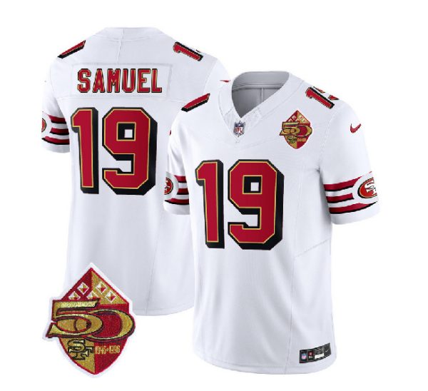 Men San Francisco 49ers #19 Deebo Samuel White 2023 F.U.S.E. 50th Patch Throwback Football Stitched Jersey