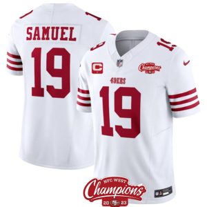 Men San Francisco 49ers #19 Deebo Samuel White 2023 F.U.S.E. With 1-star C Ptach And NFC West Champions Patch Football Stitched Jersey