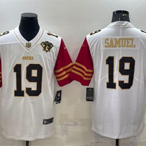 Men San Francisco 49ers #19 Deebo Samuel White Gold With 75th Anniversary Patch Stitched Jersey