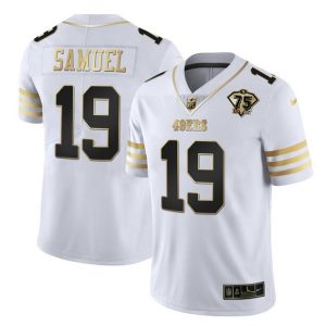 Men San Francisco 49ers #19 Deebo Samuel White Gold With 75th Patch Stitched Jersey