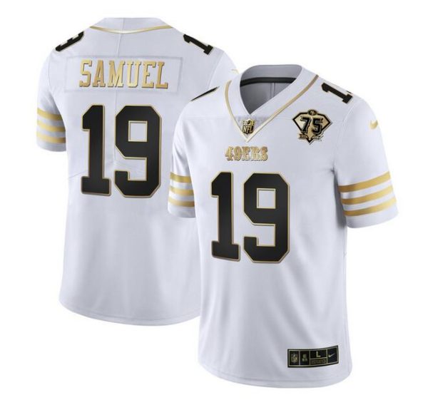 Men San Francisco 49ers #19 Deebo Samuel White Gold With 75th Patch Stitched Jersey