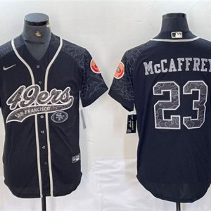 Men San Francisco 49ers #23 Christian McCaffrey Black Reflective With Patch Cool Base Stitched Baseball Jersey