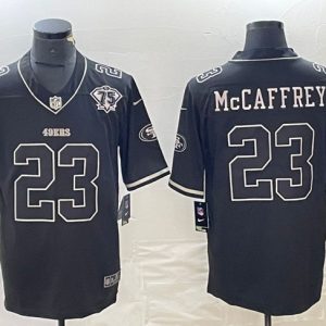 Men San Francisco 49ers #23 Christian McCaffrey Black With 75th Anniversary Patch Football Stitched Jersey