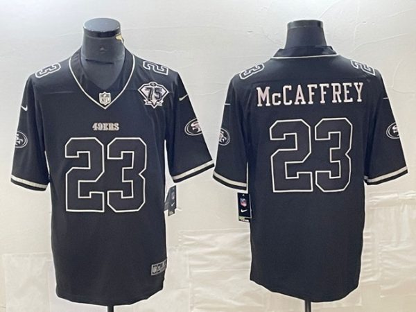 Men San Francisco 49ers #23 Christian McCaffrey Black With 75th Anniversary Patch Football Stitched Jersey