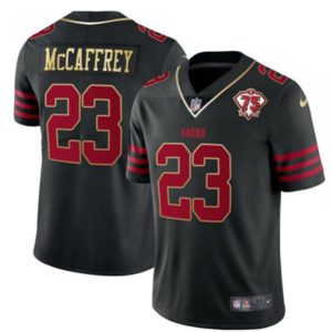 Men San Francisco 49ers #23 Christian McCaffrey Black With 75th Anniversary Patch Stitched Jersey