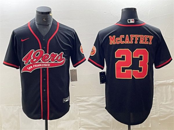 Men San Francisco 49ers #23 Christian McCaffrey Black With Patch Cool Base Stitched Baseball Jersey