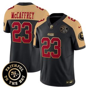 Men San Francisco 49ers #23 Christian McCaffrey Black/Gold 2023 F.U.S.E. Faithful To The Bay Patch Football Stitched Jersey