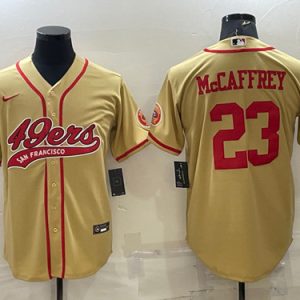 Men San Francisco 49ers #23 Christian McCaffrey Gold With Patch Cool Base Stitched Baseball Jersey