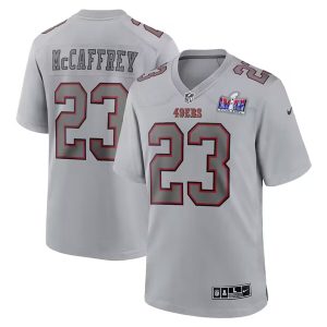 Men San Francisco 49ers #23 Christian McCaffrey Gray 2024 Super Bowl LVIII Patch Atmosphere Fashion Football Stitched Game Jersey