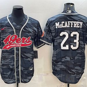 Men San Francisco 49ers #23 Christian McCaffrey Gray Camo With Patch Cool Base Stitched Baseball Jersey