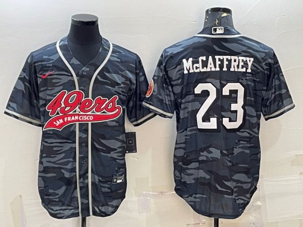 Men San Francisco 49ers #23 Christian McCaffrey Gray Camo With Patch Cool Base Stitched Baseball Jersey