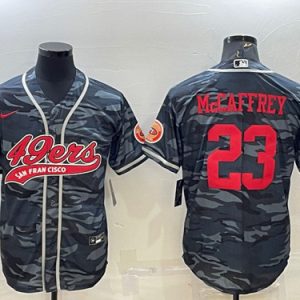 Men San Francisco 49ers #23 Christian McCaffrey Gray Red Camo With Patch Cool Base Stitched Baseball Jersey