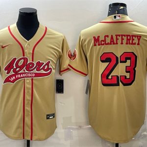 Men San Francisco 49ers #23 Christian McCaffrey New Gold With Patch Cool Base Stitched Baseball Jersey