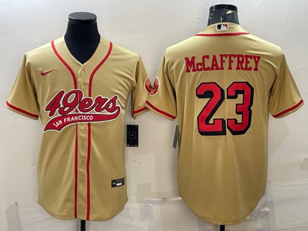 Men San Francisco 49ers #23 Christian McCaffrey New Gold With Patch Cool Base Stitched Baseball Jersey